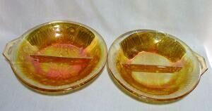 Pair Vintage Carnival Glass Divided Serving Dishes Marigold Opalescent 7.75"